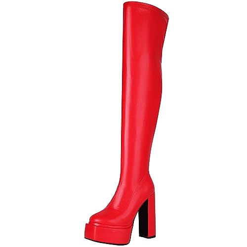 StyliShoes Sexy Damen Blockabsatz und Plateau Overknee Stiefel (Rot,37) von StyliShoes