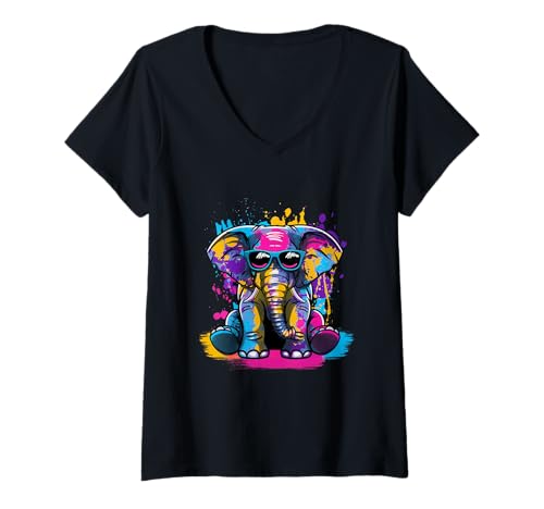 Damen Dickhäuter Glücksbringer Afrika Tierfreunde Elefant T-Shirt mit V-Ausschnitt von Stylischer Elefant Safari Tier Motiv