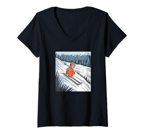 Damen Skifahren Kinder Motiv T-Shirt mit V-Ausschnitt von Stylischer Kinder Skifahrer