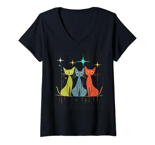 Damen Retro Mid-Century Modern Cats - Atomic Era Feline Trio Art T-Shirt mit V-Ausschnitt von Stylish 1950's Cat Designs