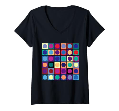 Damen Retro Geometrisches Farbraster Vintage Op Art 6x6 Formen Mania T-Shirt mit V-Ausschnitt Damen Retro Geometrisches Farbraster Vintage Op Art 6x6 Formen Mania T-Shirt mit V-Ausschnitt von Stylish Abstract Shapes Mania