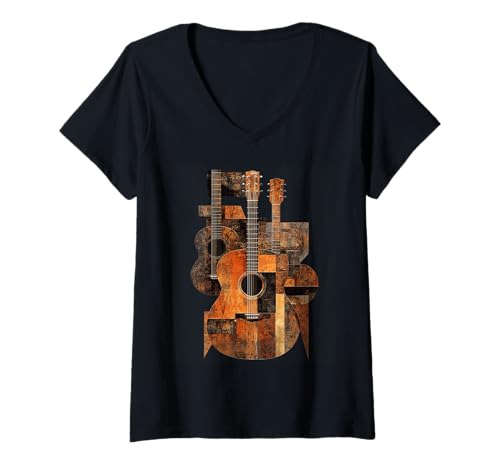 Damen Rustikale Akustikgitarre Collage - Vintage Music Art T-Shirt mit V-Ausschnitt von Stylish Acoustic Guitar Lover Vibe Designs