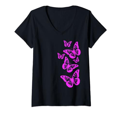 Damen Fantasy Elegant Schmetterlinge Rosa Schwarz 2 Formen Mania T-Shirt mit V-Ausschnitt von Stylish Cute Wonderful Butterflies Shapes Mania