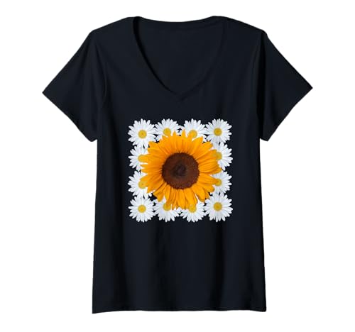 Damen Modern Squaring The Circle Sonnenblume Gänseblümchen Formen Mania T-Shirt mit V-Ausschnitt Damen Modern Squaring The Circle Sonnenblume Gänseblümchen Formen Mania T-Shirt mit V-Ausschnitt von Stylish Daisies Shapes Mania