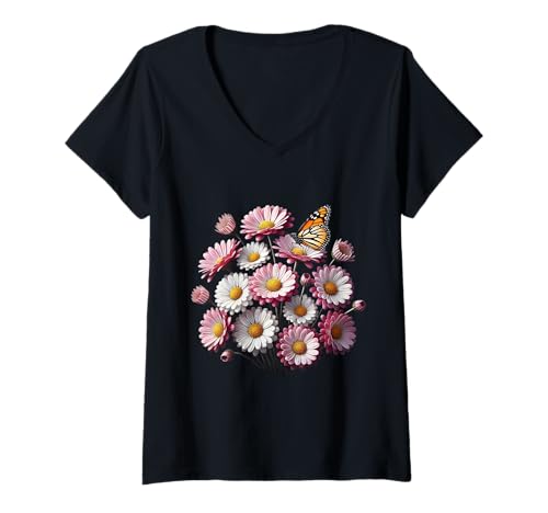 Damen Rosa Margerite Gänseblümchen Blumen Monarch Schmetterling Formen Mania T-Shirt mit V-Ausschnitt von Stylish Fantastic Flowers Shapes Mania