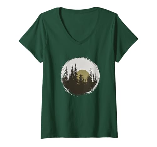 Damen Grüne Vintage-Wald-Silhouette | Sunset Pines T-Shirt mit V-Ausschnitt Damen Grüne Vintage-Wald-Silhouette | Sunset Pines T-Shirt mit V-Ausschnitt von Stylish Forest Designs