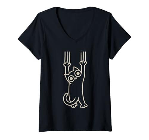 Damen Lustige hängende Katze - Minimalistische Kratzleine Kitty T-Shirt mit V-Ausschnitt Damen Lustige hängende Katze - Minimalistische Kratzleine Kitty T-Shirt mit V-Ausschnitt von Stylish Funny Cat Designs
