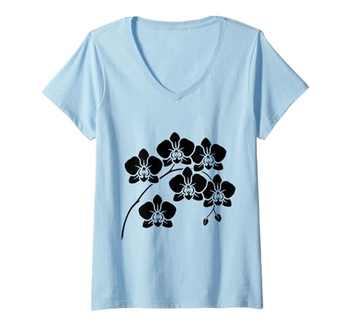 Damen Elegante Orchidee Schwarze Blume Silhouette auf weißen Formen Mania T-Shirt mit V-Ausschnitt Damen Elegante Orchidee Schwarze Blume Silhouette auf weißen Formen Mania T-Shirt mit V-Ausschnitt von Stylish Gorgeous Orchids Flowers Shapes Mania