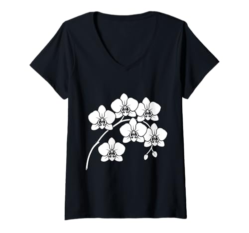 Damen Elegante weiße Orchideen-Silhouette auf schwarzen Formen Mania T-Shirt mit V-Ausschnitt Damen Elegante weiße Orchideen-Silhouette auf schwarzen Formen Mania T-Shirt mit V-Ausschnitt von Stylish Gorgeous Orchids Flowers Shapes Mania