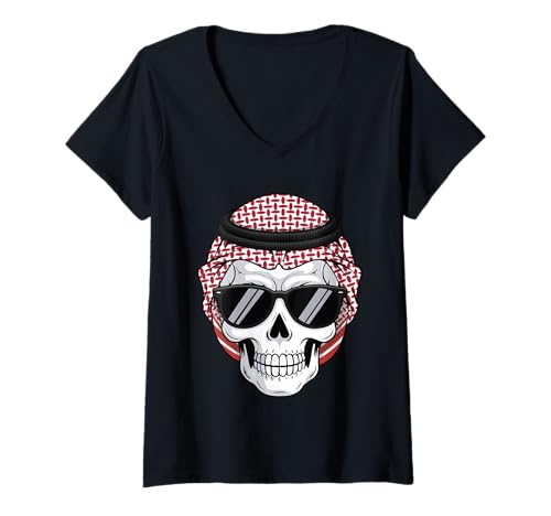 Damen Halloween Arabischer Totenkopf Shemagh & Sonnenbrille T-Shirt mit V-Ausschnitt Damen Halloween Arabischer Totenkopf Shemagh & Sonnenbrille T-Shirt mit V-Ausschnitt von Stylish Halloween Arab Skull Shemagh Design