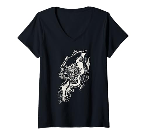 Damen Fierce Panther Head - Bold Vintage Tattoo Style T-Shirt mit V-Ausschnitt Damen Fierce Panther Head - Bold Vintage Tattoo Style T-Shirt mit V-Ausschnitt von Stylish Panther Designs