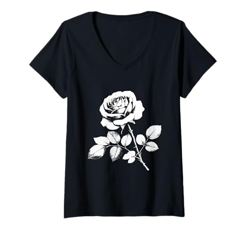 Damen Rose Weiß Schwarz Vintage Cool Urban Design Shapes Mania T-Shirt mit V-Ausschnitt Damen Rose Weiß Schwarz Vintage Cool Urban Design Shapes Mania T-Shirt mit V-Ausschnitt von Stylish Vintage Urban Flowers Design Shapes Mania