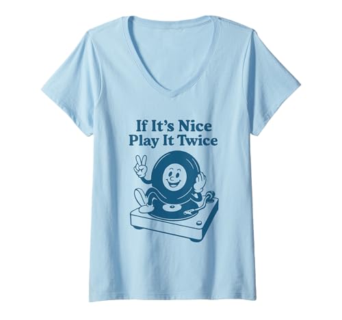 Damen If It's Nice Play It Twice Retro Vinyl Record Music Lover T-Shirt mit V-Ausschnitt von Stylish Vinyl Graphic Tees for Music and Collector