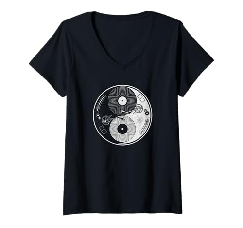 Damen Plattenspieler aus Vinyl als Yin-ynag T-Shirt mit V-Ausschnitt Damen Plattenspieler aus Vinyl als Yin-ynag T-Shirt mit V-Ausschnitt von Stylish Vinyl Lover Designs