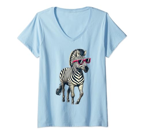 Damen Stilvolle Zebra Walking Pink Sonnenbrille T-Shirt mit V-Ausschnitt Damen Stilvolle Zebra Walking Pink Sonnenbrille T-Shirt mit V-Ausschnitt von Stylish Zebra Walking Pink Sunglasses