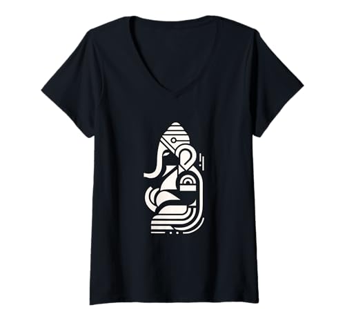 Damen Minimalistische Lord Ganesha Moderne Hindu-Linie Art T-Shirt mit V-Ausschnitt von Stylish spiritual mindfullness