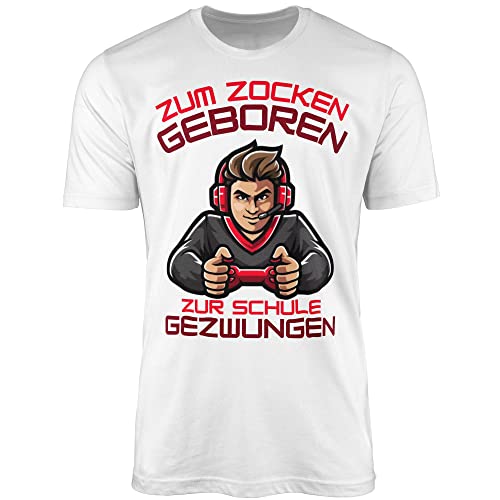 Stylotex Basic T-Shirt Zum Zocken geboren - zur Schule gezwungen Kurzarm Shirt für Herren | Geschenkidee, Farbe:Weiss, Größe:XXXL von Stylotex