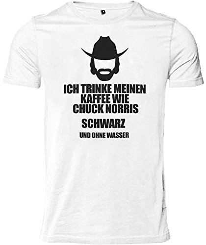 Stylotex Herren Slimfit T-Shirt Ich trinke Meinen Kaffee wie Chuck Norris - schwarz ohne Wasser, Größe:L, Farbe:Weiss von Stylotex