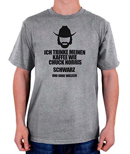 Stylotex Herren T-Shirt Basic Ich trinke Meinen Kaffee wie Chuck Norris - schwarz ohne Wasser, Größe:L, Farbe:Heather von Stylotex