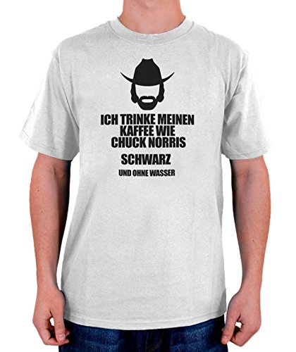 Stylotex Herren T-Shirt Basic Ich trinke Meinen Kaffee wie Chuck Norris - schwarz ohne Wasser, Größe:M, Farbe:Weiss von Stylotex