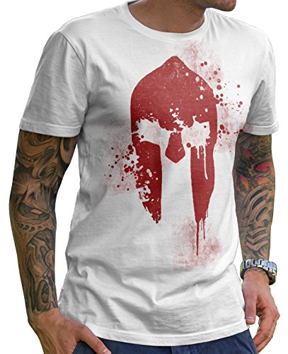 Stylotex Herren T-Shirt Spartan Helmet mit Hochwertigem Print in Aufwendiger Handarbeit I Cooles Herren T Shirt Basic Weiß Baumwolle M I Rundhals Kurzarm Regular Fit I Trendige Herrenmode von Stylotex