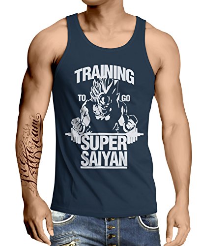 Stylotex Herren Tank Top Basic Training to be Super Saiyan, Farbe:Navy, Größe:M von Stylotex