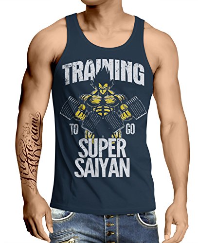 Stylotex Herren Tank Top Basic Training to go Super Saiyan Vintage, Größe:M, Farbe:Navy von Stylotex