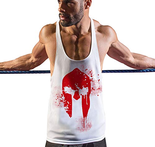 Stylotex Stringer Fitness Tank Top Spartan Helmet Herren Gym Tshirts für Performance beim Training | Männer ärmellos | Funktionelle Sport Bekleidung, Farbe:Weiss, Größe:M von Stylotex