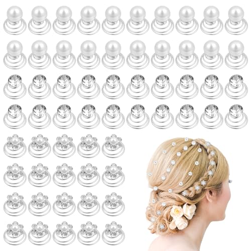 60 Stück Spiral-Haarnadeln, Braut-Haarnadeln Mit Kristall Strasssteine Swirl Und Perlen Diamant Perle Blume Juwelen Zubehör Spiral Hochzeit Haarspange Hochzeit Haarschmuck für Frauen Mädchen (3 Stile) von Styquenzer