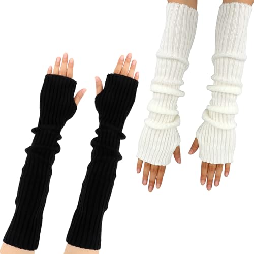 Armstulpen Damen, 2 Paar Lange Fingerless Gloves Weiche Arm Warmers Winter Arm Sleeve Armwärmer Gestrickte Arm Stulpen Damen Fingerlose Handschuhe Hand Warmers, für Damen Mädchen von Styquenzer