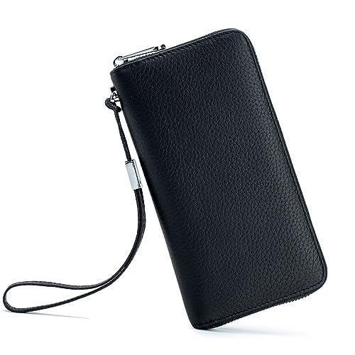 Su.B Geldbörse Damen - Echtleder - Reise Clutch mit Armband für Reisepass, Telefon, Kartenhalter, RFID, Münzfach - Schwarz von Su.B