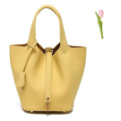 SuGJun Vielseitige, modische Frühlings- und Sommer-Henkeltasche, echtes Leder, weiche Eimertasche für Damen, modisches Schloss-Design, Handtaschen, Gemüsekorb, Schulranzen, Gelb (Gold Lock), Large von SuGJun