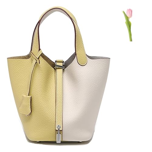 SuGJun Vielseitige, modische Frühlings- und Sommer-Henkeltasche, echtes Leder, weiche Eimertasche für Damen, modisches Schloss-Design, Handtaschen, Gemüsekorb, Schulranzen, Gelb - Weiß (Silver Lock), von SuGJun