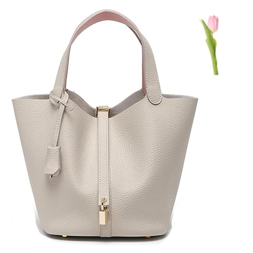 modische Henkeltaschen für Frühling und Sommer, weiche Beuteltasche aus echtem Leder für Damen, modische Handtaschen im Lock-Design, Gemüsekorb-Umhängetasche (Grey (Gold Lock),Large) von SuGJun