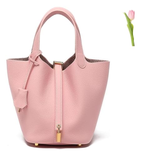 modische Henkeltaschen für Frühling und Sommer, weiche Beuteltasche aus echtem Leder für Damen, modische Handtaschen im Lock-Design, Gemüsekorb-Umhängetasche (Pink (Gold Lock),Small) von SuGJun