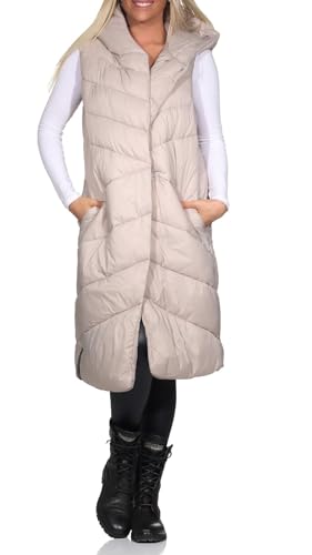 Sublevel Damen 3/4-lange Steppweste mit Kapuze LSL-463 String Beige S von Sublevel