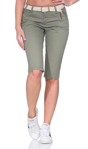 Sublevel Damen Capri Shorts LSL-510 knielange Hose mit Gürtel Washed Olive S von Sublevel