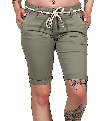 Sublevel Damen Chino Shorts LSL-451 Bermuda mit schmalem Gürtel Washed Olive M von Sublevel