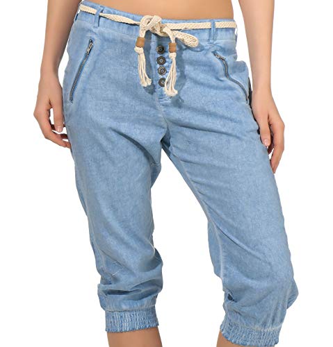 Sublevel Damen Dreiviertel Capri Shorts Hose LSL-328/334 Washed-Look inklusive Gürtel Dream Blue XL von Sublevel