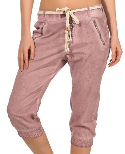 Sublevel Damen Dreiviertel Capri Shorts Hose LSL-328/334 Washed-Look inklusive Gürtel Mauve Lilac XL von Sublevel
