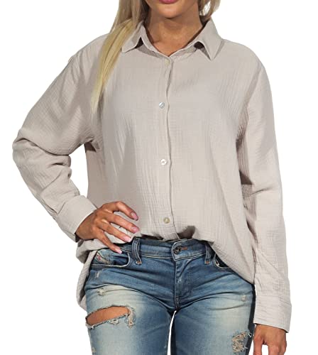 Sublevel Damen Hemd Musselin-Bluse LSL-447 Langarm-Bluse Light Beige L/XL von Sublevel