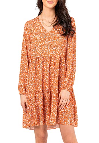 Sublevel Damen Kleid Frühling und Sommer mit Blumen-Muster Blumenkleid Langarm orange S/M von Sublevel