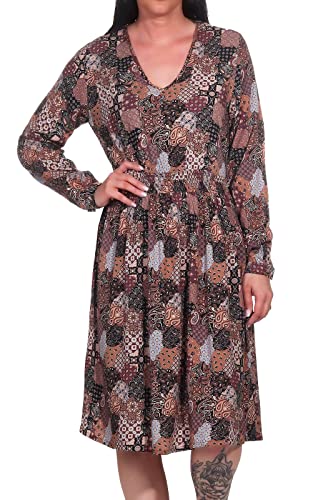Sublevel Damen Langarm Viskose Kleid Tunika LSL-440 Midi-Kleid mit Allover-Print Brown/Design 01 M von Sublevel