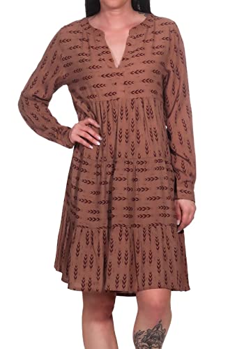 Sublevel Damen Langarm Viskose Kleid Tunika LSL-440 Midi-Kleid mit Allover-Print Middle Brown/Design 01 M von Sublevel