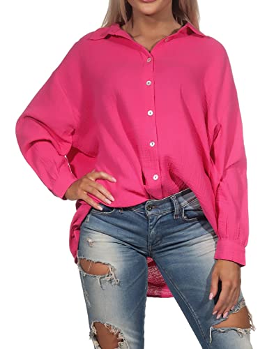 Sublevel Damen Long Musselin-Bluse LSL-450 Oversize Langarm-Hemd Dark Pink M/L von Sublevel