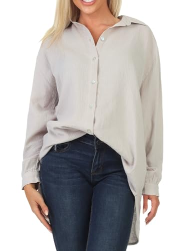 Sublevel Damen Long Musselin-Bluse LSL-450 Oversize Langarm-Hemd Light Sand M/L von Sublevel