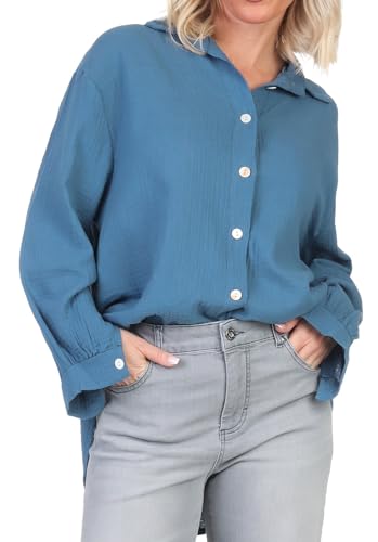 Sublevel Damen Long Musselin-Bluse LSL-450 Oversize Langarm-Hemd Middle Blue M/L von Sublevel