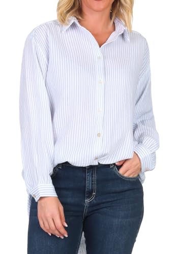 Sublevel Damen Long Musselin-Bluse LSL-477 Oversize Langarm-Hemd mit Streifen Stripes-White-Coronet Blue M/L von Sublevel