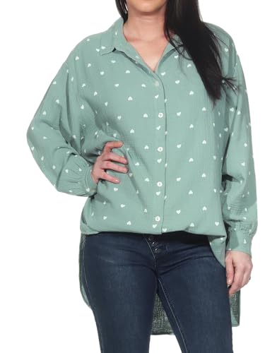 Sublevel Damen Long Musselin-Bluse LSL-495 Oversize Langarm-Hemd mit Herzen Light Green M/L von Sublevel