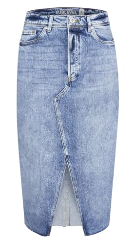 Sublevel Damen Midi Jeans Rock LSL-459 Damenrock mit Schlitz Middle Blue Denim M303 XL von Sublevel